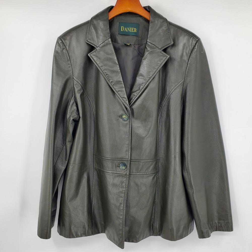 Danier Leather Blazer 14-16 Black Green Two Button Jacket Goth Grunge Academia
